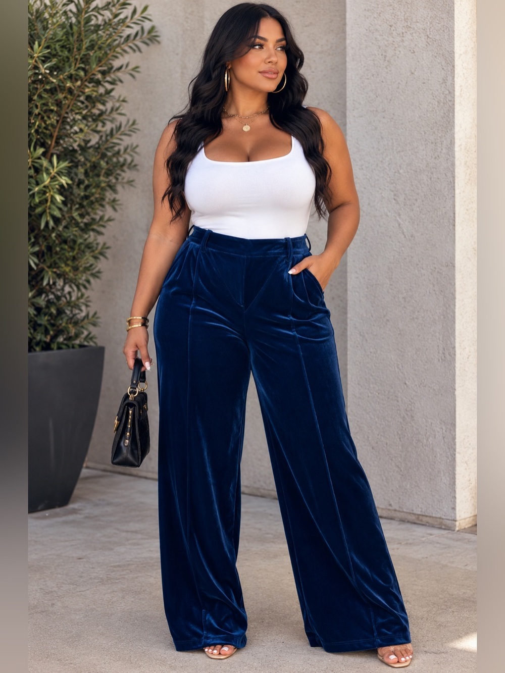 Skies Are Blue Navy Velvet Wide-Leg Pants